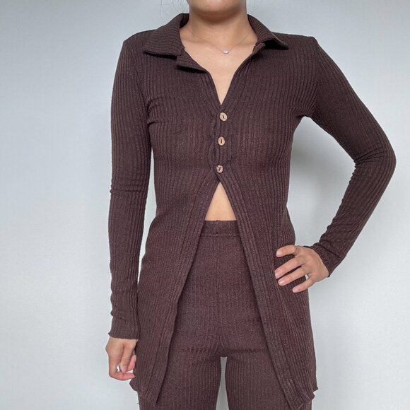 Set Brown Button Up Long Sleeves and High Waist Pants Two Piece Lounge Set - Picture 2 of 8